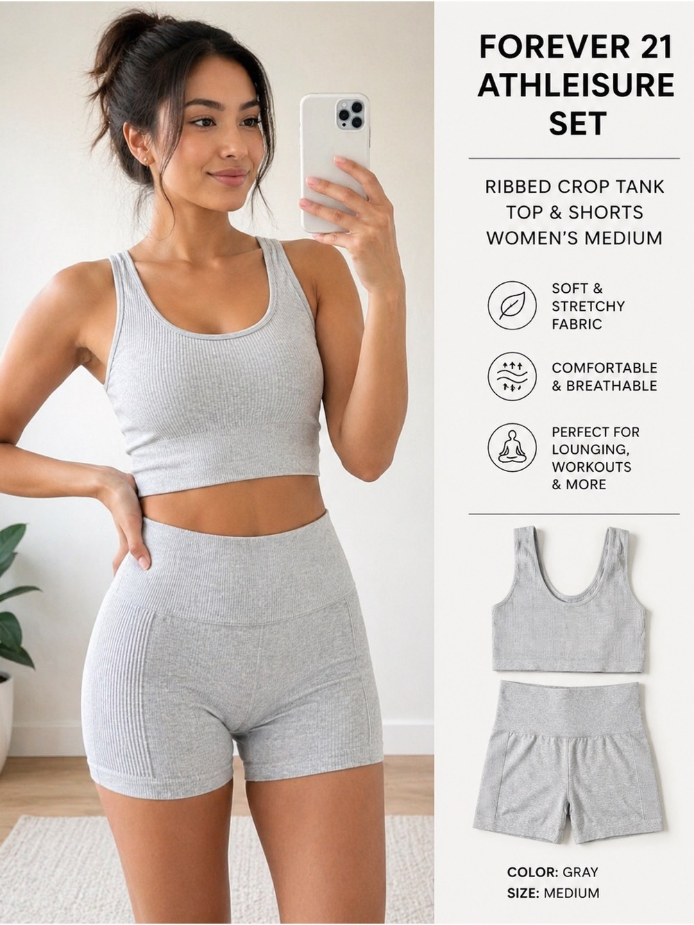 Forever 21 Ribbed Athleisure Set Gray Crop Tank Top & Shorts Women’s Medium